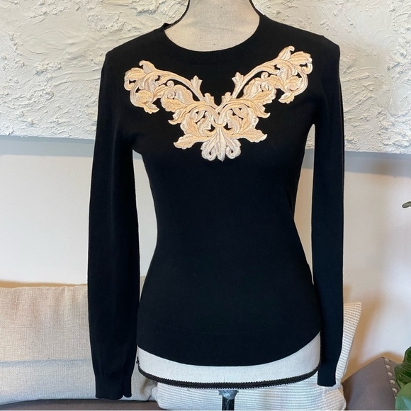Ted Baker Slinda Metallic Floral Embroidery Cashmere Silk Black Sweater Sz 0 - Picture 2 of 8